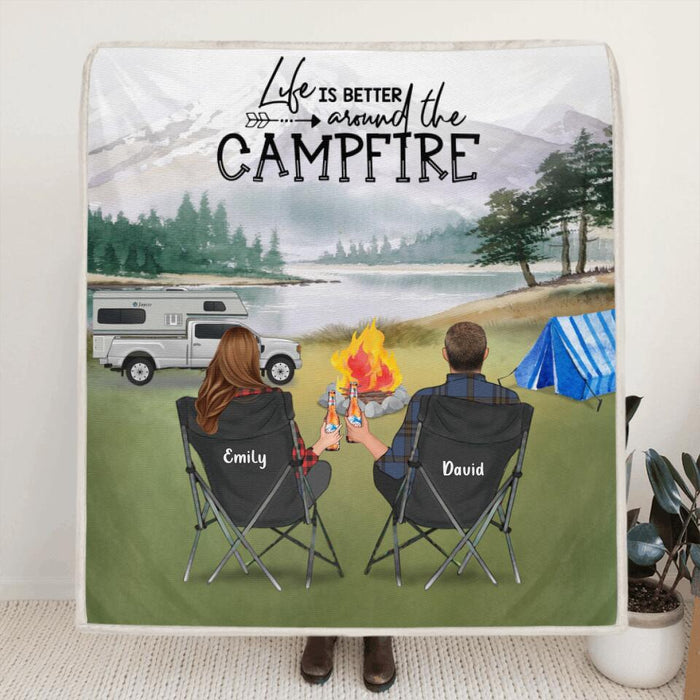 Custom Personalized Camping Fleece Blanket -  Couple Upto 3 Dogs - Gift For Couple - Life Is Better Around The Campfire - OFAWC7