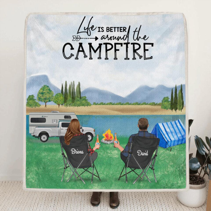 Custom Personalized Mountain Camping Fleece Blanket - Couple Upto 3 Dogs - Gift For Couple - Life Is Better Around The Campfire