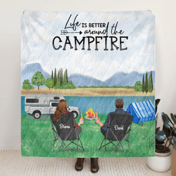 Custom Personalized Mountain Camping Quilt Blanket - Couple Upto 3 Dogs - Gift For Couple - Life Is Better Around The Campfire