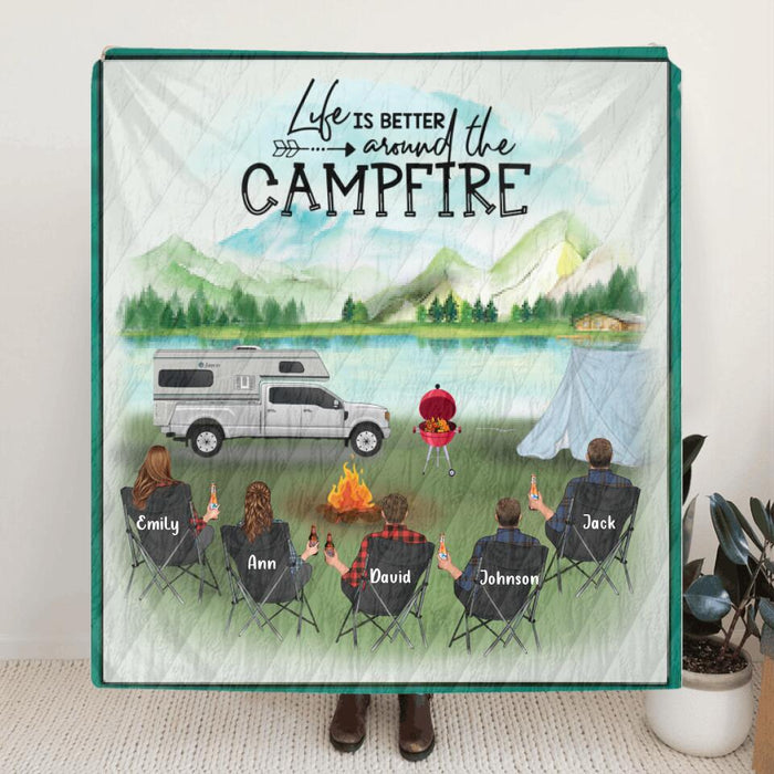 Personalized Camping Quilt Blanket - 5 Adults - Gift Idea For The Whole Family - Life Is Better Around The Campfire