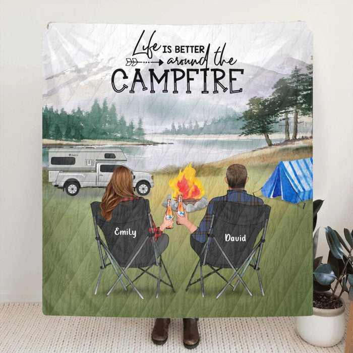 Custom Personalized Camping Quilt Blanket - Couple Upto 3 Dogs - Gift For Couple - Life Is Better Around The Campfire V2 - OFAWC7