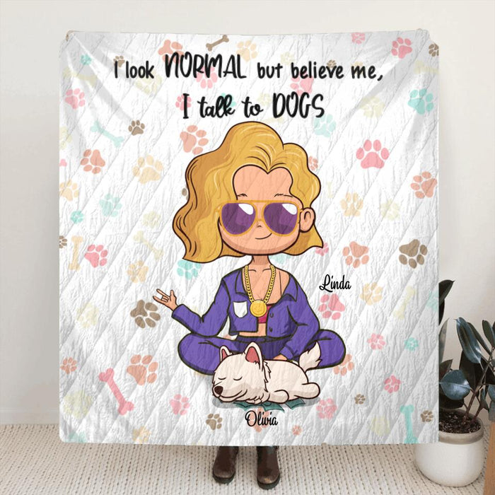 Personalized Dogs and Owner Quilt Blanket - Mom/Dad and Upto 5 Dogs - Father's Day Gift Idea For Dog Dad - I Look Normal But Believe Me, I Talk To Dogs - RB2SYX