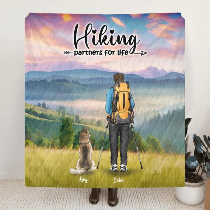 Custom Personalized Hiking Quilt/Fleece Blanket - Best Gift Idea For Couple - Couple With Upto 3 Pets - Gifts For Hiking Lovers For Father's Day - Hiking Partners For Life