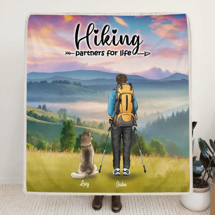 Custom Personalized Hiking Quilt/Fleece Blanket - Best Gift Idea For Couple - Couple With Upto 3 Pets - Gifts For Hiking Lovers For Father's Day - Hiking Partners For Life