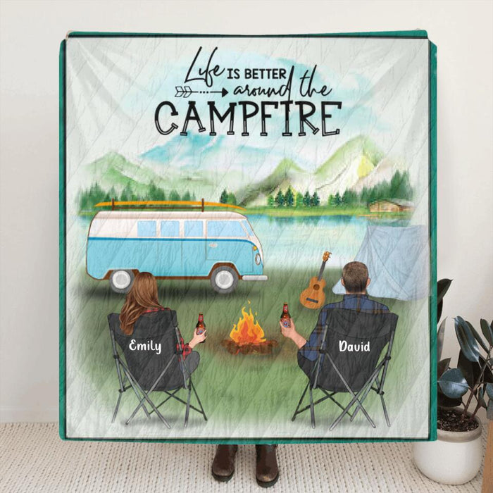 Custom Personalized Camping Blanket/Pillow Cover - Gift for Whole Family, Camping Lovers - Couple with Up to 6 Pets, Parents with Up to 6 Kids - Life is better around the campfire - Q3VZTZ