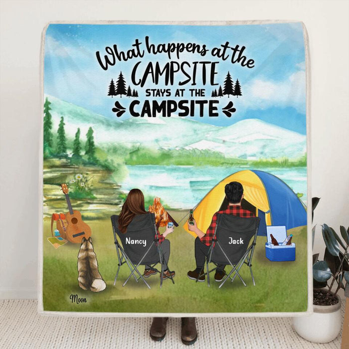 Custom Personalized Camping Tent Quilt/Fleece Blanket - Best Gift Idea For Man/Woman/Couple - Man/Woman/Couple With Upto 3 Pets - What Happens At The Campsite Stays At The Campsite