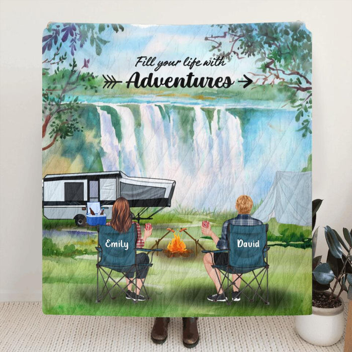 Custom Personalized Camping Quilt/ Fleece Blanket - Couple/ Parents With Upto 4 Kids And 4 Pets - Best Gift For Camping Lover - Fill Your Life With Adventures