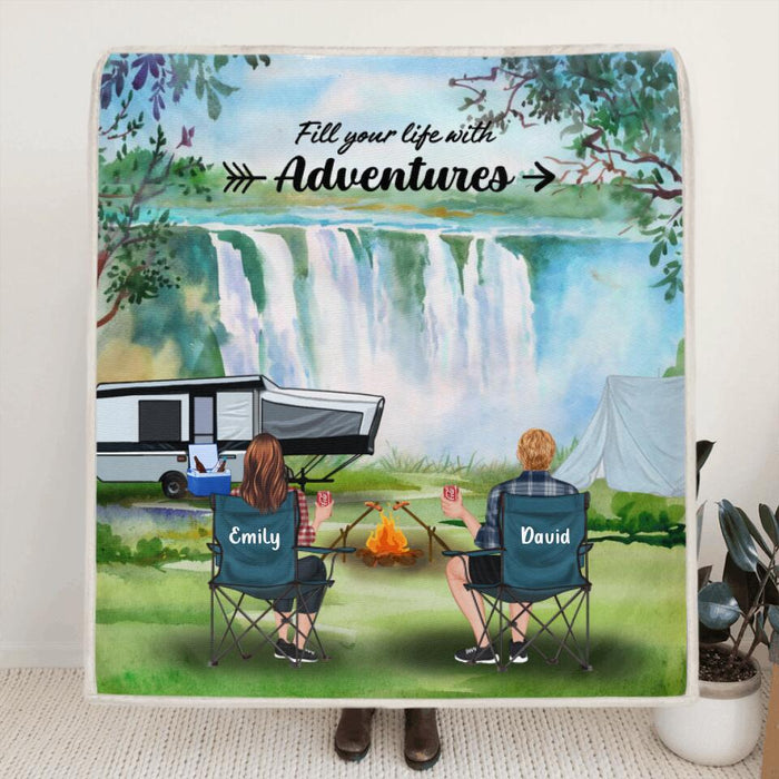 Custom Personalized Camping Quilt/ Fleece Blanket - Couple/ Parents With Upto 4 Kids And 4 Pets - Best Gift For Camping Lover - Fill Your Life With Adventures