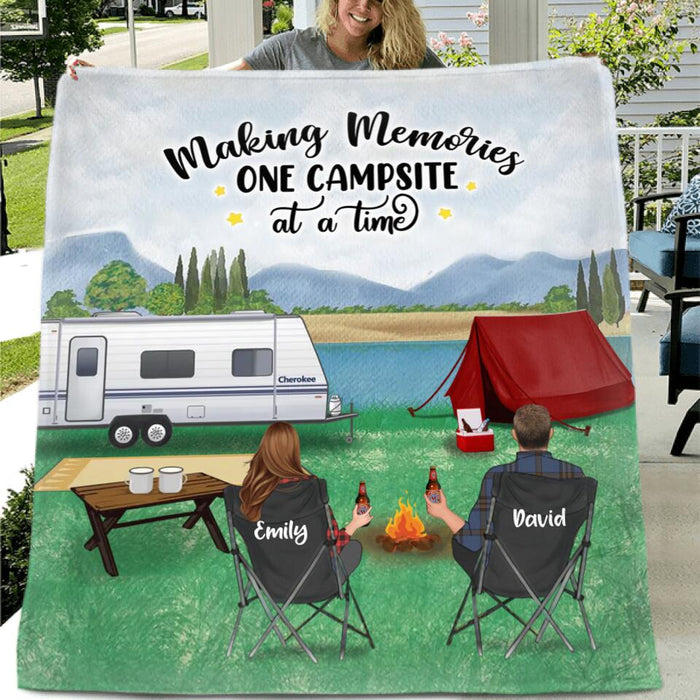 Custom Personalized Camping Fleece/ Quilt Blanket - Gift Idea For Couple/Family/ Camping Lover - Couple/Parents With Upto 2 Kids And 3 Dogs - Making Memories One Campsite At A Time