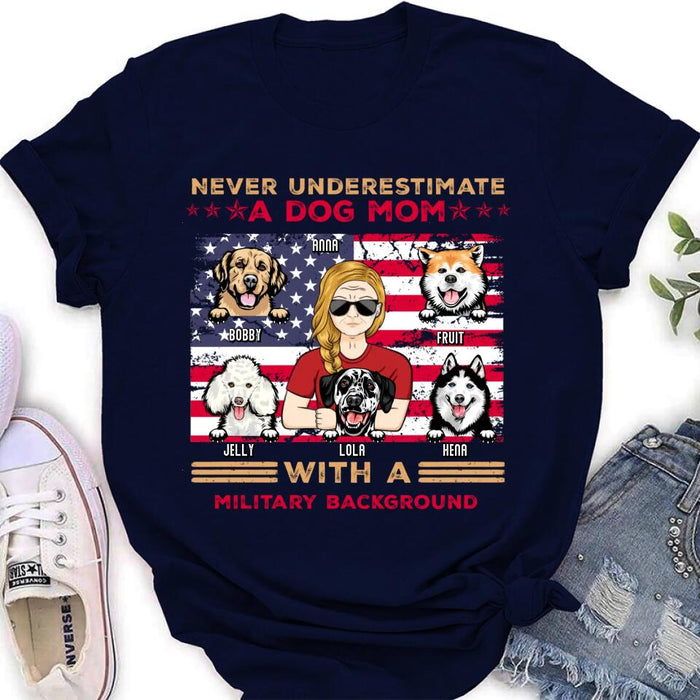 Custom Personalized Dog Mom T-Shirt/Long Sleeve/Sweatshirt/Hoodie - Gift Idea For Mother's Day/ Dog Lover - Never Underestimate A Dog Mom With A Military Background