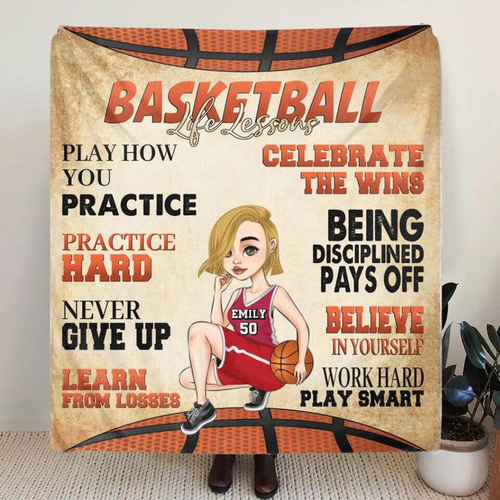 Custom Personalized Basketball Girl Quilt/Single Layer Fleece Blanket - Gift Idea For Basketball Lovers - Believe In Yourself Work Hard & Play Smart