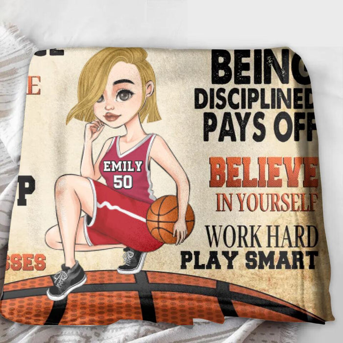 Custom Personalized Basketball Girl Quilt/Single Layer Fleece Blanket - Gift Idea For Basketball Lovers - Believe In Yourself Work Hard & Play Smart