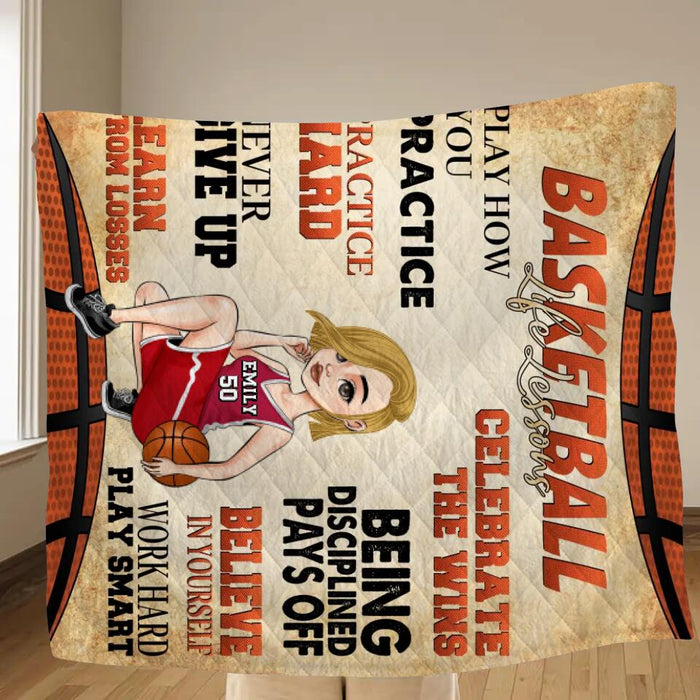 Custom Personalized Basketball Girl Quilt/Single Layer Fleece Blanket - Gift Idea For Basketball Lovers - Believe In Yourself Work Hard & Play Smart