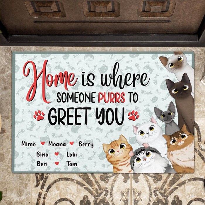 Custom Personalized Cat Doormat - Gift Idea For Cat Lover - Upto 7 Cats - Home Is Where Someone Purrs To Greet You