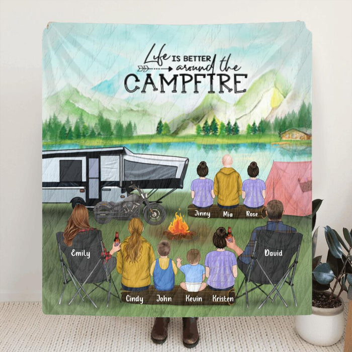 Custom Personalized Camping Blanket - Gift For The Whole Family - Parents with 7 Children -  Life Is Better Around The Campfire