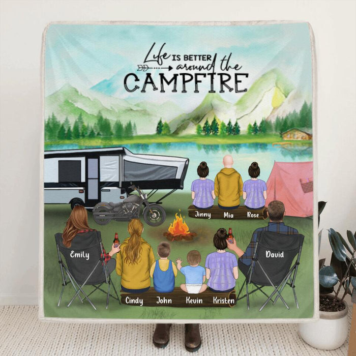 Custom Personalized Camping Blanket - Gift For The Whole Family - Parents with 7 Children -  Life Is Better Around The Campfire