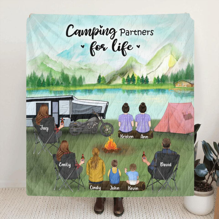 Personalized Camping Blanket - Gift For The Whole Family, Camping Lovers - 3 Adults with 5 Kids - Camping Partners For Life