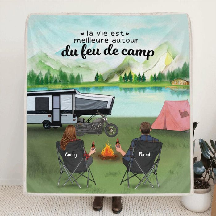 Custom Personalized Camping Blanket - Couple/ Family with Upto 4 Kids - 2 Pets - Gift For The Whole Family