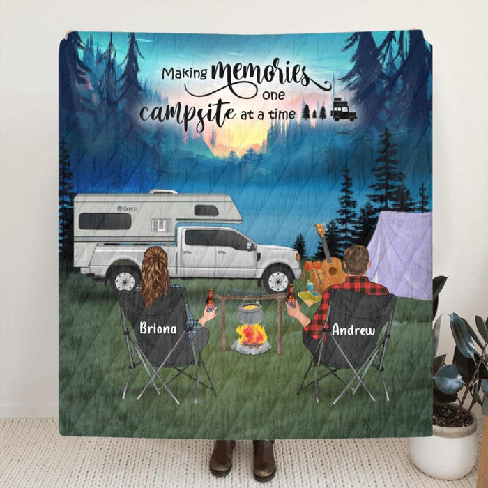 Personalized Camping Blanket, Gift For Couple and Family upto 3 Kids and 3 Dogs - Making Memories One Campsite At A Time - 341148