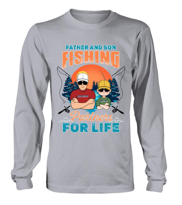 Custom Personalized Father And Son Fishing T-Shirt/ Long sleeve/ Sweatshirt/ Hoodie - Dad With Upto 3 Children - Gift Idea For Father/ Son/ Daughter/ Father's Day/ Fishing Lover - Father And Son Fishing Partners For Life