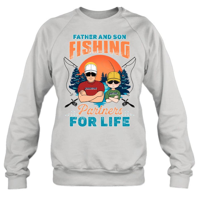 Custom Personalized Father And Son Fishing T-Shirt/ Long sleeve/ Sweatshirt/ Hoodie - Dad With Upto 3 Children - Gift Idea For Father/ Son/ Daughter/ Father's Day/ Fishing Lover - Father And Son Fishing Partners For Life