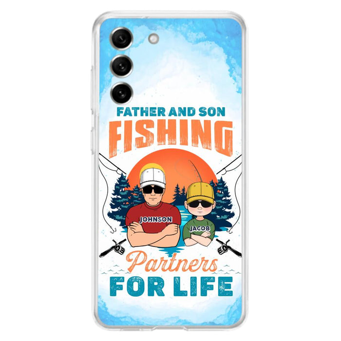 Custom Personalized Father And Son Fishing Phone Case For iPhone And Samsung - Dad With Upto 3 Children - Gift Idea For Father/ Son/ Daughter/ Father's Day/ Fishing Lover - Father And Son Fishing Partners For Life