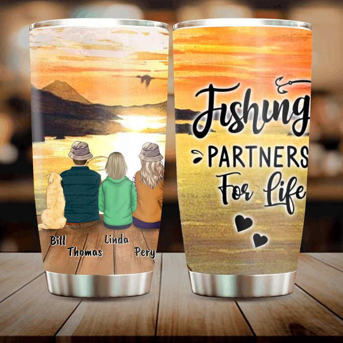Custom Personalized Fishing Tumbler - Man/ Woman/ Single Parent/ Parents With Upto 2 Kids And 4 Pets - Gift For Fishing Lover - Fishing Partners For Life