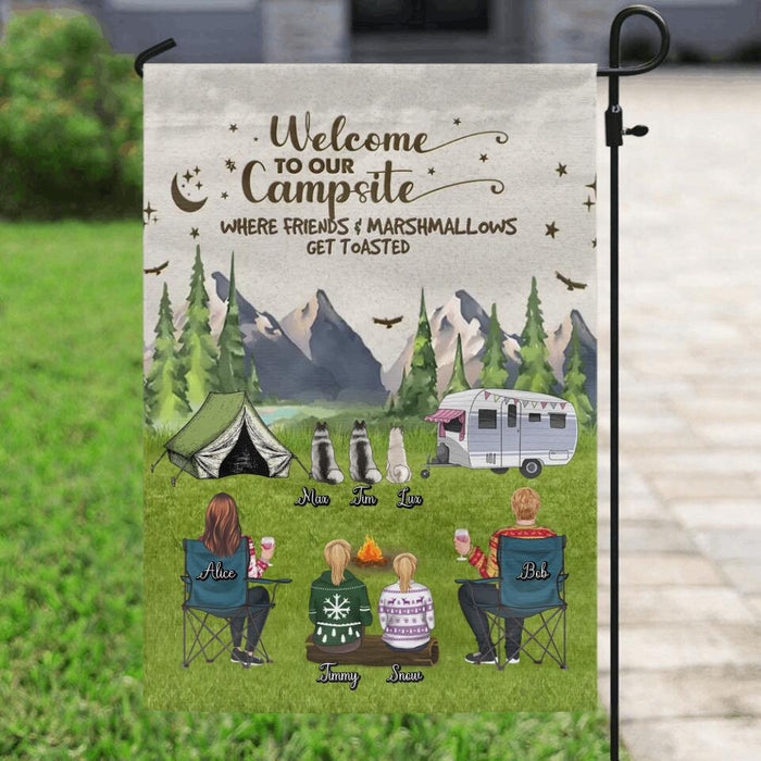 Custom Personalized Camping Flag - Adult/Couple/Single Parent/Parents with Upto 3 Pets - Gift Idea For Couple/Camping/Dog/Cat Lovers - Welcome To Our Campsite