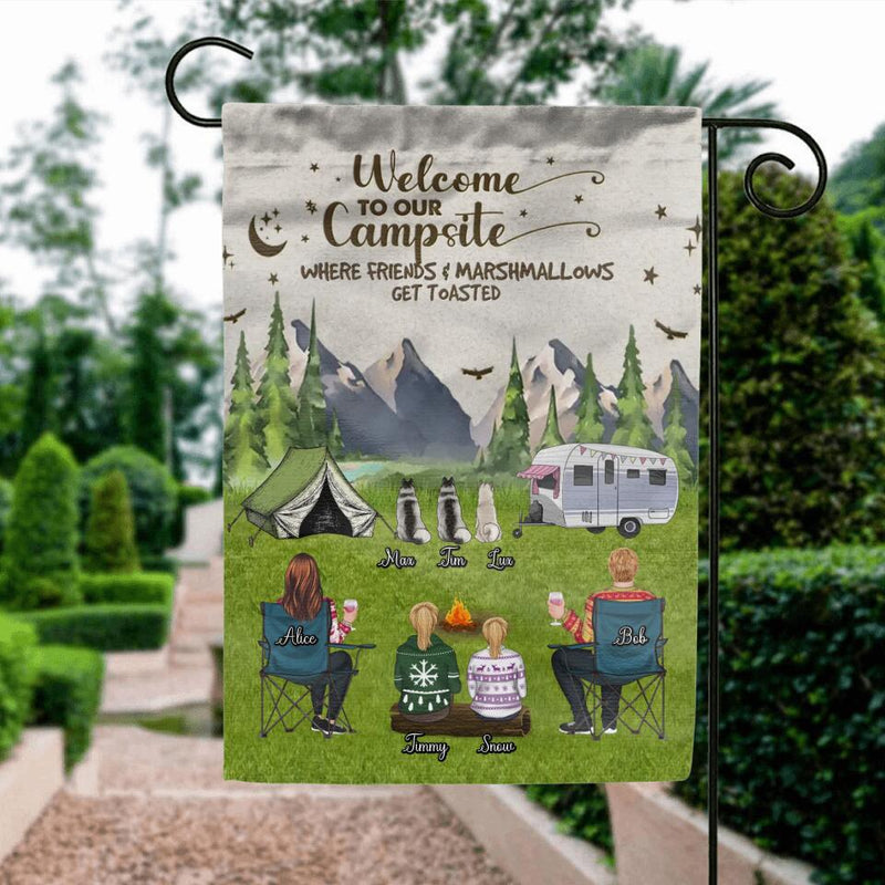 Personalized Camping Flag - Adult/Couple/Single Parent/Parents with Up to 3 Pets - Gift Idea For Couple/Camping/Dog/Cat Lovers - Welcome To Our Campsite