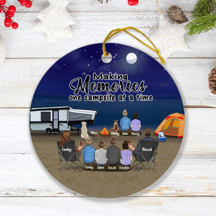 Custom Personalized Beach Camping Ornament -  Upto 6 Kids, 2 Pets - Best Gift For Camping Lover - Making Memories One Campsite At A Time