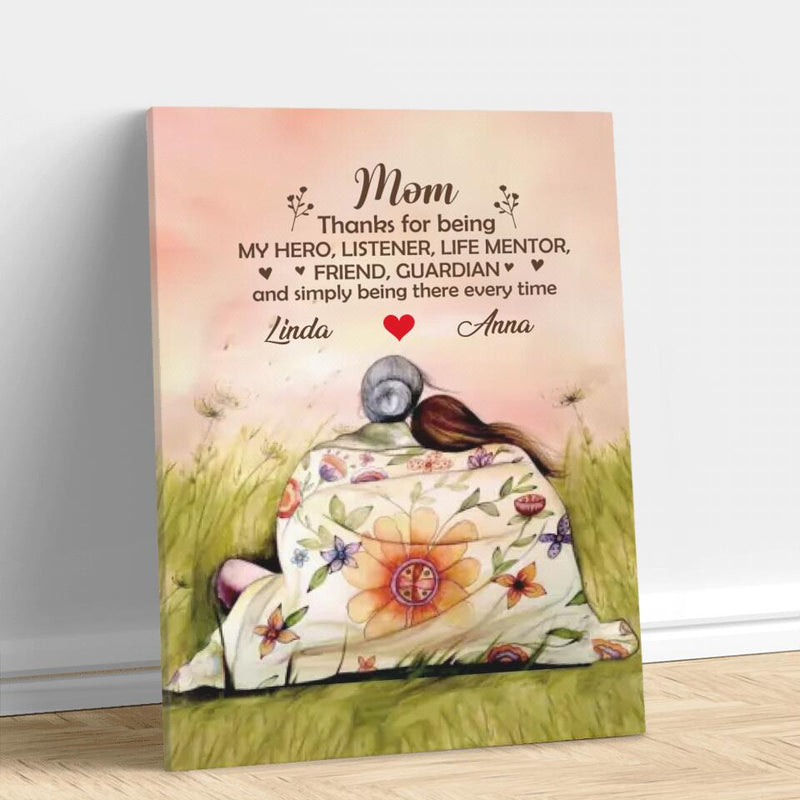 Personalized Mom & Daughter Vertical Canvas - Gift Idea For Mother's Day - Up to 5 Children - Mom Thanks For Being My Hero, Listener