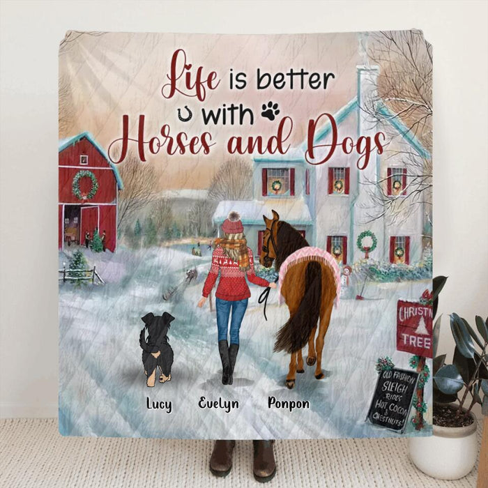 Custom Personalized Horses & Dogs Quilt/Single Layer Fleece Blanket - Gift Idea For Horse/Dog Lovers - Upto 4 Dogs - Life Is Better With Horses And Dogs