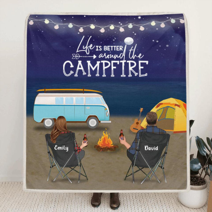 Custom Personalized Camping Quilt/Fleece Blanket - Gift for Whole Family, Camping Lovers - Couple/Parents with Up to 6 Kids Night Beach Camping - Life is better around the campfire