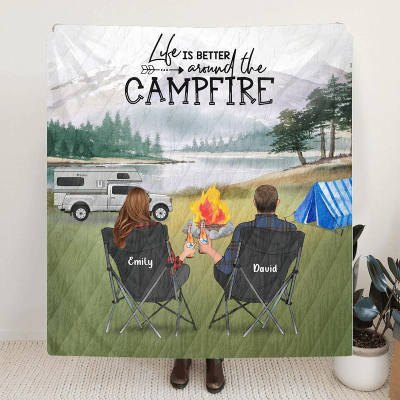 Personalized Camping Quilt Blanket - Couple Up to 3 Dogs - Gift For Couple - Life Is Better Around The Campfire - OFAWC7