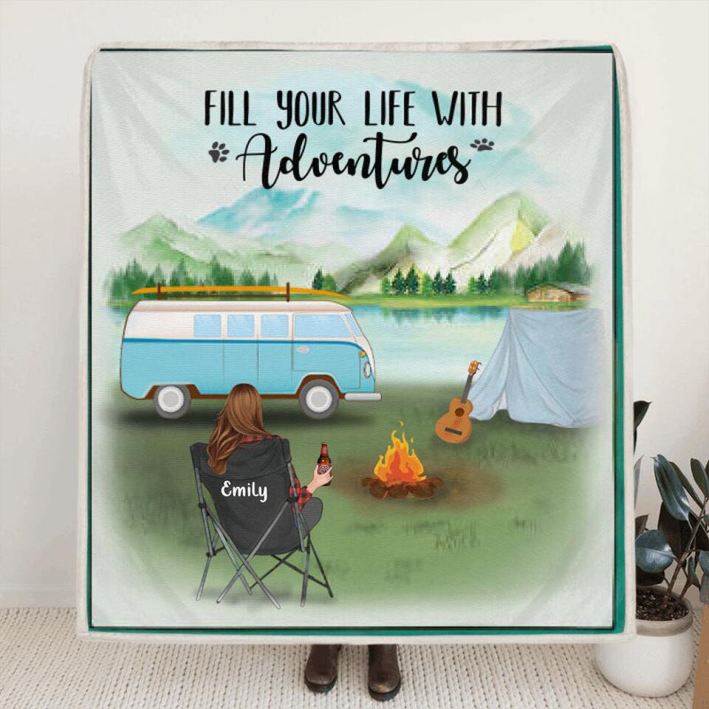 Personalized Camping Blanket - Man/Woman Up to 6 Pets & 6 Kids - Gift For Single Dad/Mom - Fill Your Life With Adventures