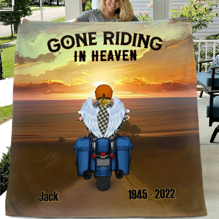 Custom Personalized Memorial Biker Quilt/Single Layer Fleece Blanket - Memorial Gift Idea For Father's Day - Gone Riding In Heaven