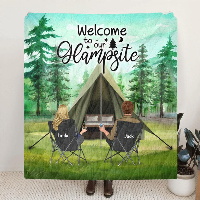 Custom Personalized Glamping Quilt Blanket - Couple/Parents With Upto 3 Kids & 3 Dogs - Gift Idea For Couple/Family - Welcome To Our Glampsite - KY0NLL
