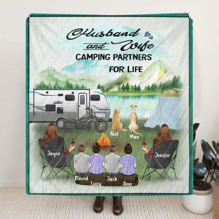 Personalized Camping Couple Blanket - Same Sex Couple with 4 kids and 2 dogs - Best Gift For Couple