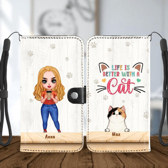 Custom Personalized Cat Mom Chibi Flip Leather Purse For Mobile Phone - Gift Idea For Mother's Day/ Cat Lovers With Upto 6 Cats - Life Is Better With Cats