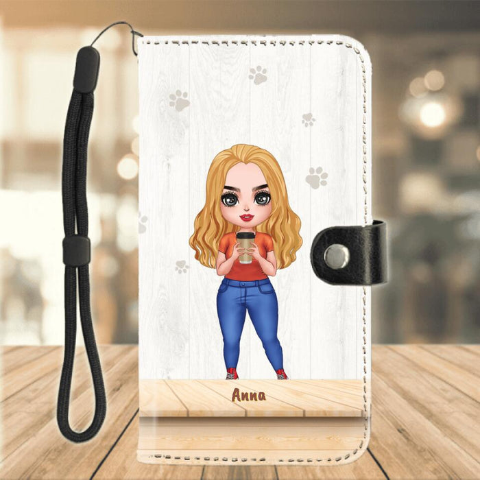 Custom Personalized Cat Mom Chibi Flip Leather Purse For Mobile Phone - Gift Idea For Mother's Day/ Cat Lovers With Upto 6 Cats - Life Is Better With Cats