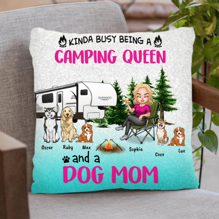 Custom Personalized Dog Camping Queen Pillow Cover & Fleece/ Quilt Blanket - Upto 5 Dogs - Gift Idea For Dog Lovers/ Mother's Day - Kinda Busy Being A Camping Queen And A Dog Mom