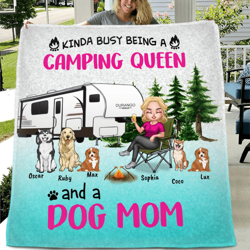 Personalized Dog Camping Queen Pillow Cover & Fleece/Quilt Blanket - Up to 5 Dogs - Gift Idea For Dog Lovers/Mother's Day - Kinda Busy Being A Camping Queen And A Dog Mom