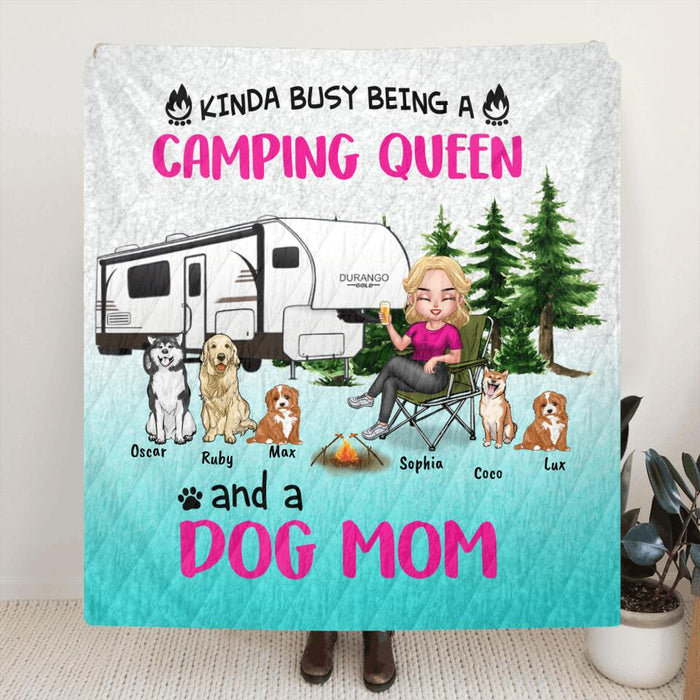 Custom Personalized Dog Camping Queen Pillow Cover & Fleece/ Quilt Blanket - Upto 5 Dogs - Gift Idea For Dog Lovers/ Mother's Day - Kinda Busy Being A Camping Queen And A Dog Mom