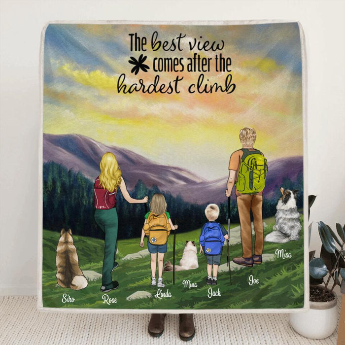 Custom Personalized Sunrise Hiking Fleece Blanket/ Quilt Blanket - Full Option Up to 2 Kids and 3 Pets - Best Gift For Family/Couple/Friends - The Best View Comes After The Hardest Climb - BHN3H5