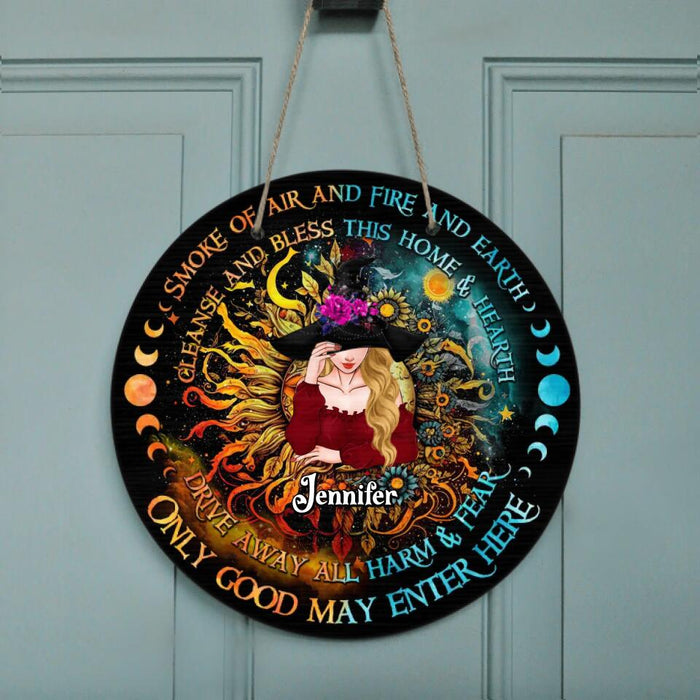 Custom Personalized Witch Circle Door Sign - Gift Idea For Halloween/Witch Lovers - Smoke Of Air And Fire And Earth Cleanse And Bless This Home & Hearth