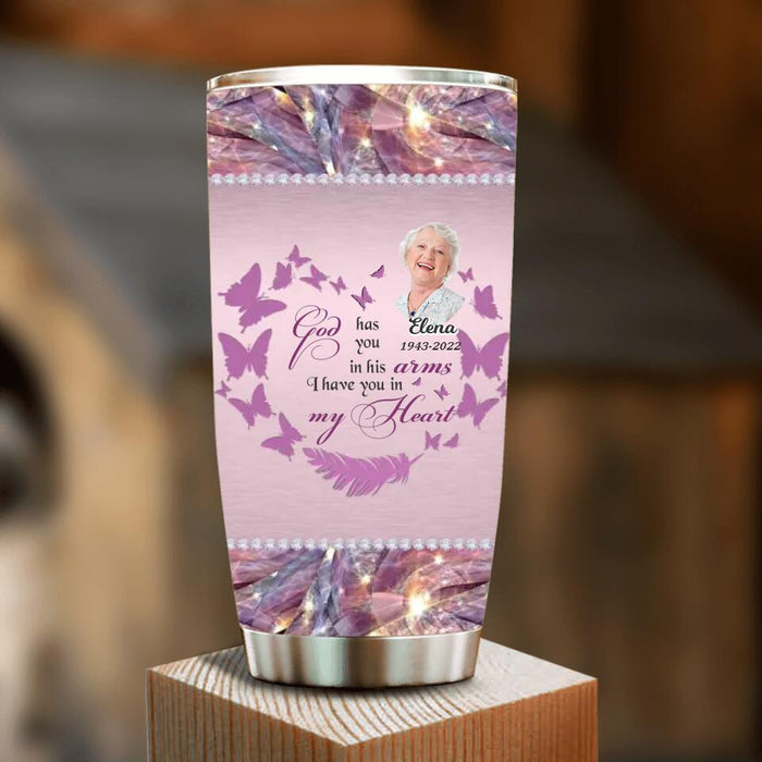 Custom Personalized Memorial Photo Tumbler - Memorial Gift Idea For Family Member - God Has You In His Arms I Have You In My Heart