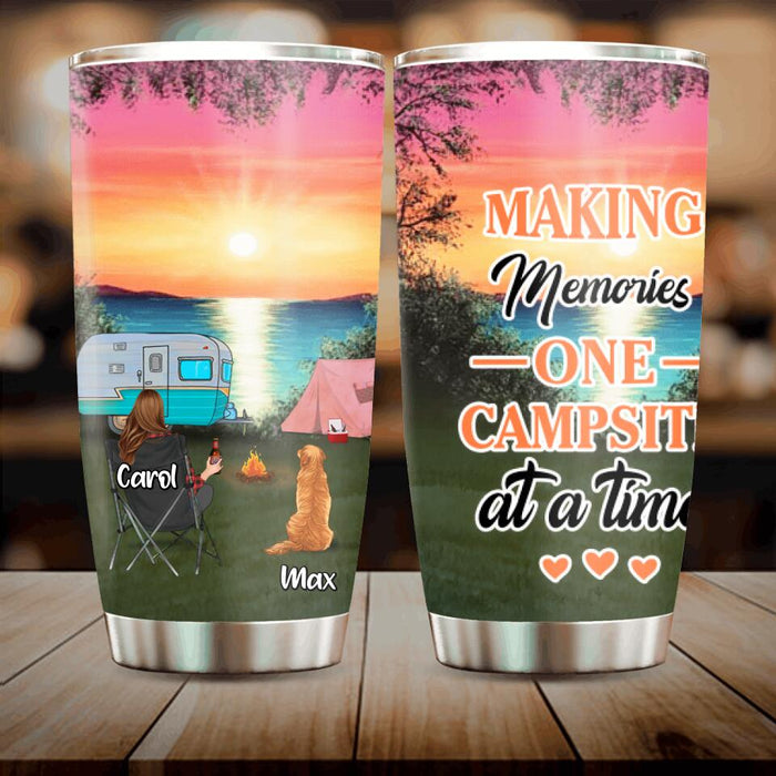 Custom Personalized Camping Tumbler - Couple With Upto 2 Kids And 3 Pets - Gift Idea For Camping Lover - Making Memories One Campsite At A Time