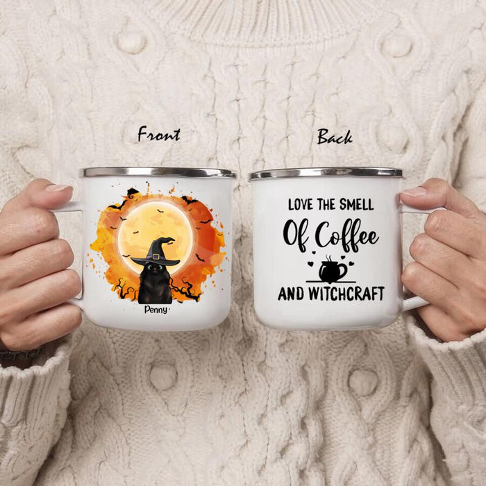Personalized Halloween Cats Enamel Mug - Up to 3 Cats - Love The Smell Of Coffee And Witchcraft - B16ZKZ