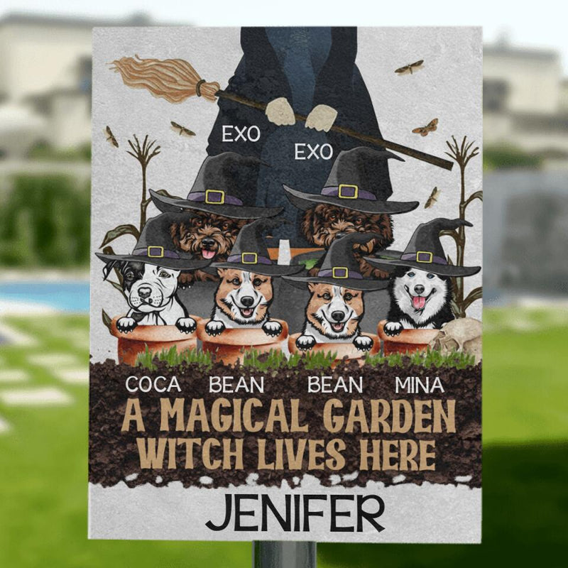 Personalized Witch's Magical Garden Metal Sign - A Witch With Up to 6 Pets - A Magical Garden Witch Lives Here - ALVX2G