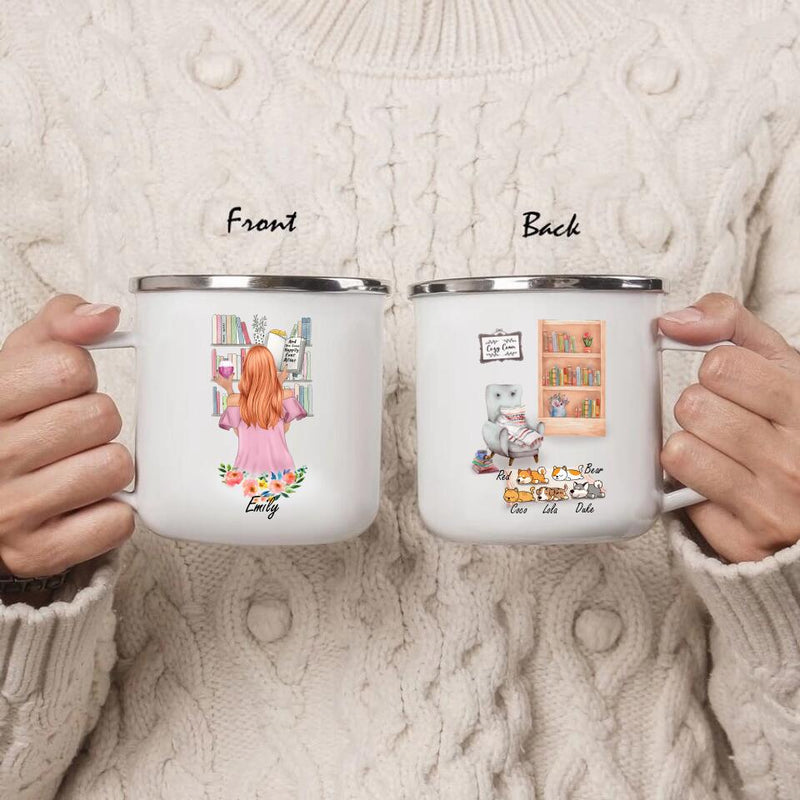 Personalized Reading Pet Mom Enamel Mug - Up to 5 Pets - Best Gift For Dog/Cat Lovers